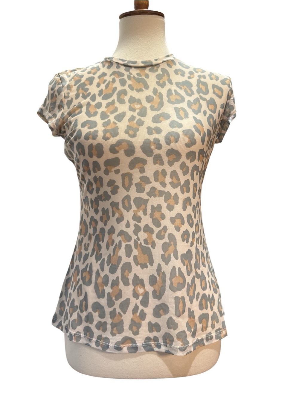 AFRM Beige & Gray Mesh Leopard Print Short Sleeve Crewneck Top #378